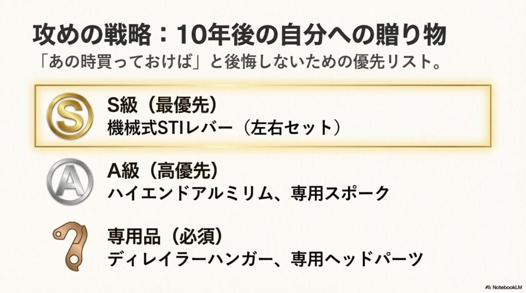 最優先のSTIレバー、高優先のアルミリムや専用スポーク、必須のディレイラーハンガーなどを示した備蓄リスト