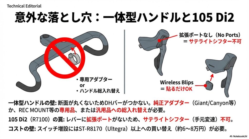 断面が丸くない一体型ハンドルへのDHバー装着不可の警告と、105 Di2レバーに拡張ポートがないためサテライトシフターが接続できない問題の解説。