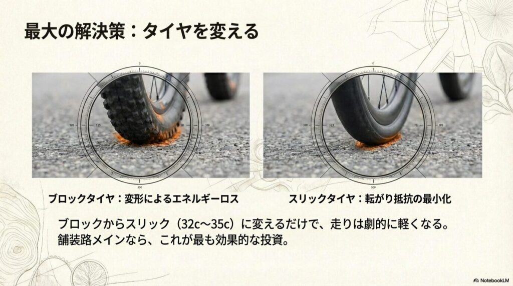 ブロックタイヤの変形によるエネルギーロスを、スリックタイヤ（$32c\sim35c$）に変更することで最小化し、走りを軽くする方法の解説