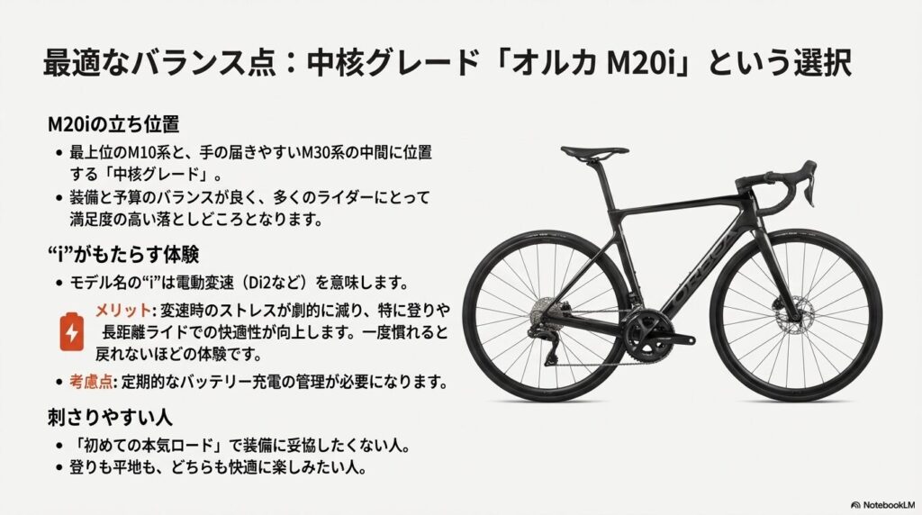 オルカ M20iのバイク写真。電動変速i（Di2）によるストレスフリーな体験とバランスの良さを解説。