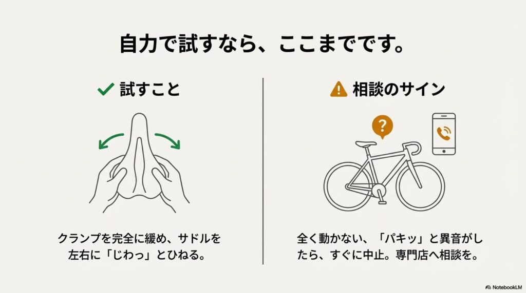 サドルを両手で持って左右にひねる動作のイラストと、専門店に相談すべきサインの解説