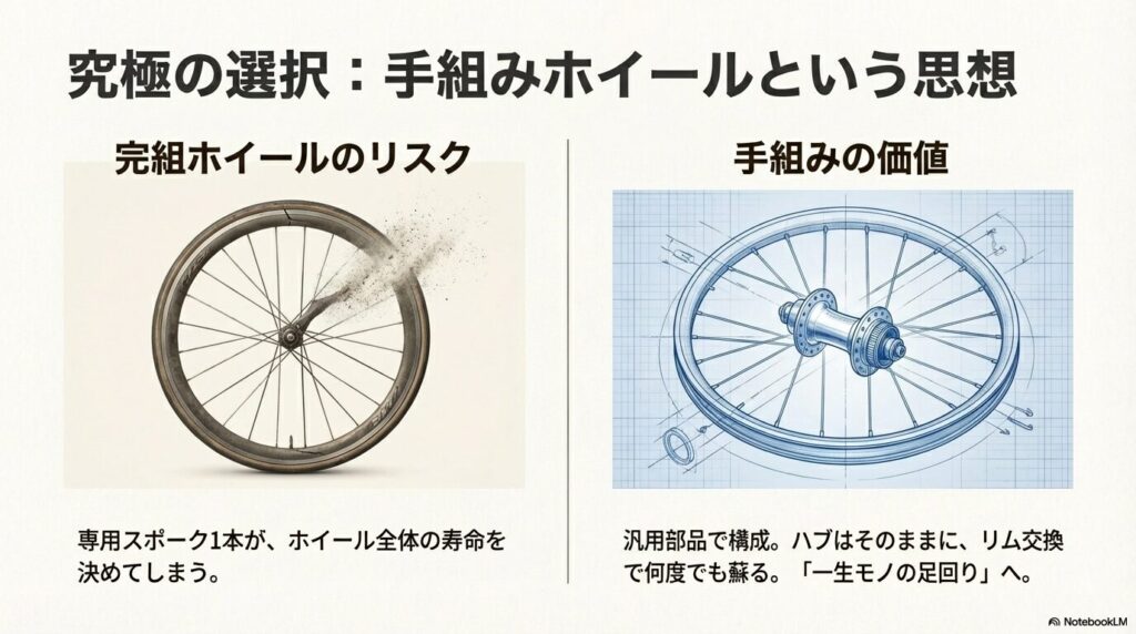 破損した完組ホイールと、汎用部品で何度でも蘇る手組みホイールの構造比較