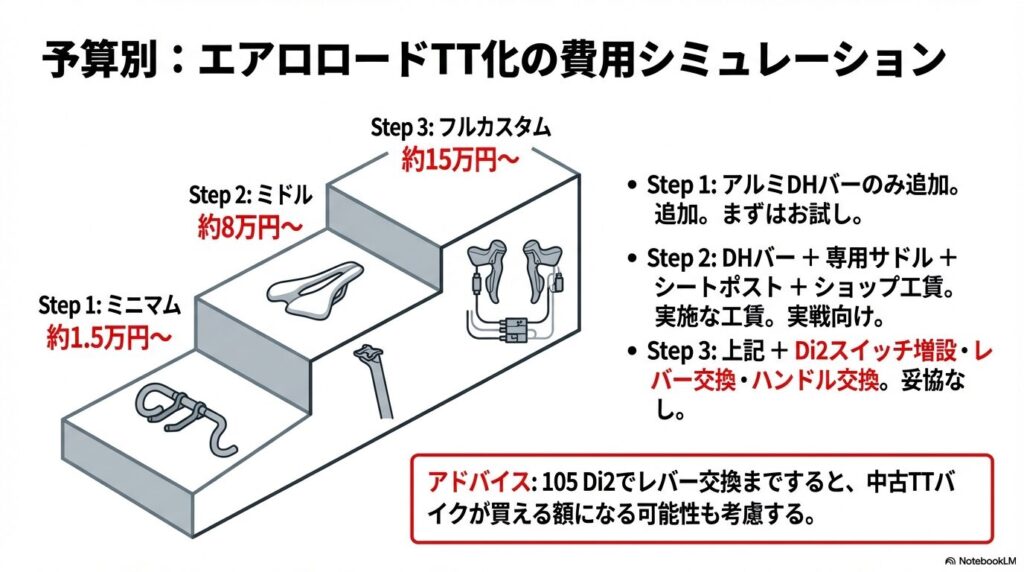ミニマム（1.5万円〜）、ミドル（8万円〜）、フルカスタム（15万円〜）の3段階に分けたTT化費用の階段状シミュレーション。