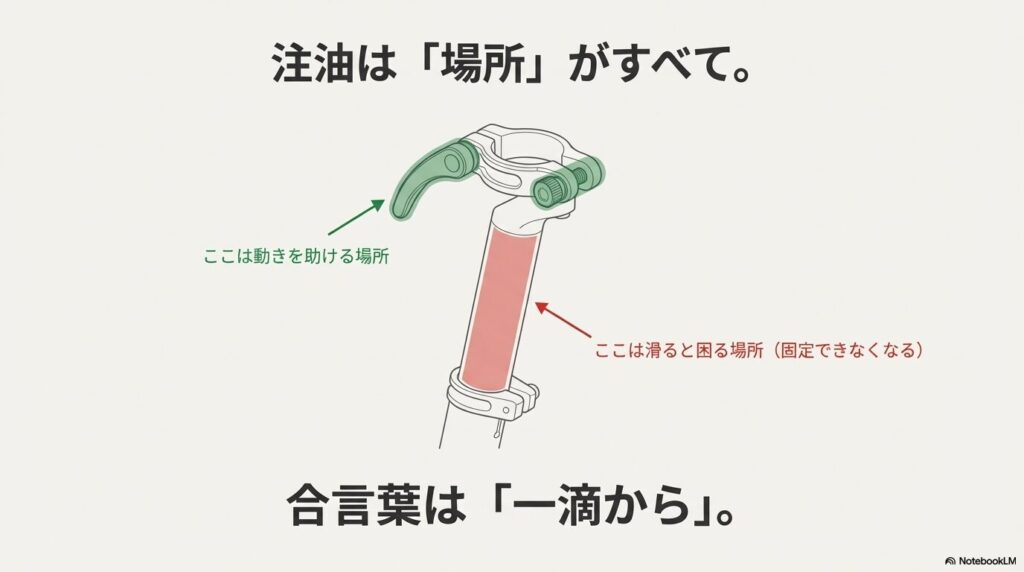 レバー可動部の注油OKな場所と、シートポスト等の注油NGな場所を示した図解