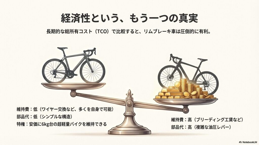 リムブレーキの低い維持費とディスクブレーキの高いメンテナンスコストを比較した図表
