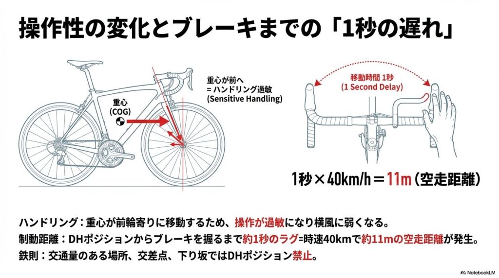 重心が前方へ移動することによるハンドリングの過敏化と、DHバーからブレーキへの握り替えにかかる1秒間（時速40kmで11m前進）のラグの図解。