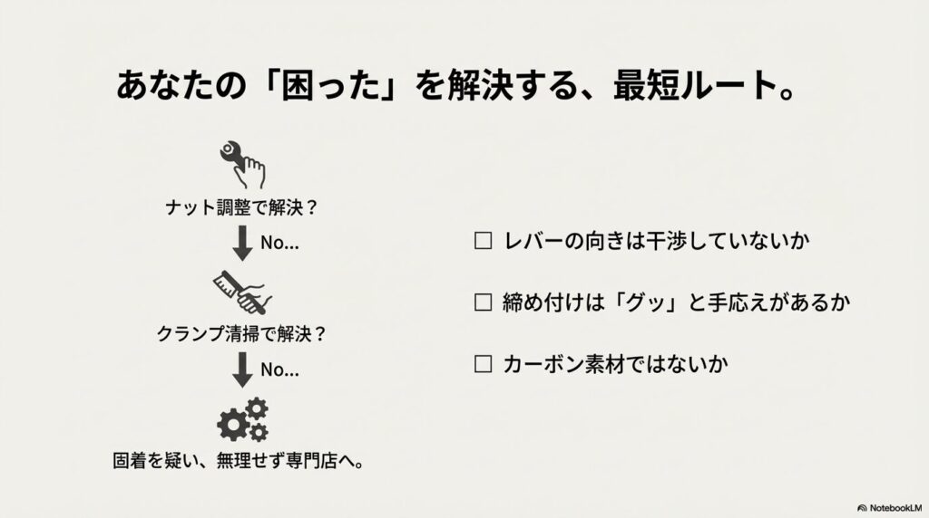 ナット調整、清掃、固着疑いのチェックフローと専門店へ相談する基準のリスト