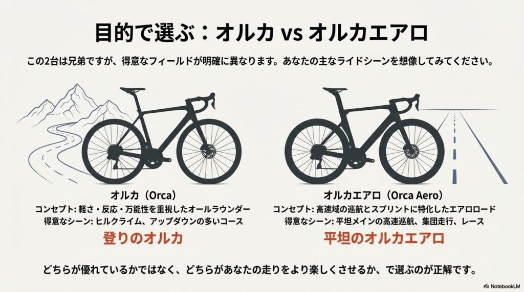 オールラウンダーのオルカと、エアロロードのオルカエアロの得意シーンをシルエットで比較。