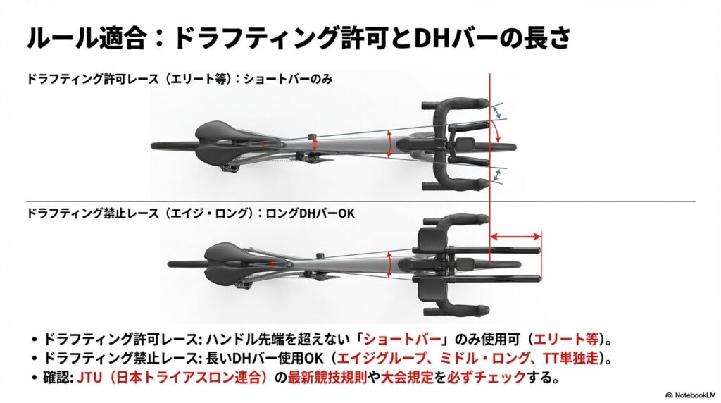 ドラフティング許可レース（ショートバーのみ）とドラフティング禁止レース（ロングバーOK）のルール適合の違い。