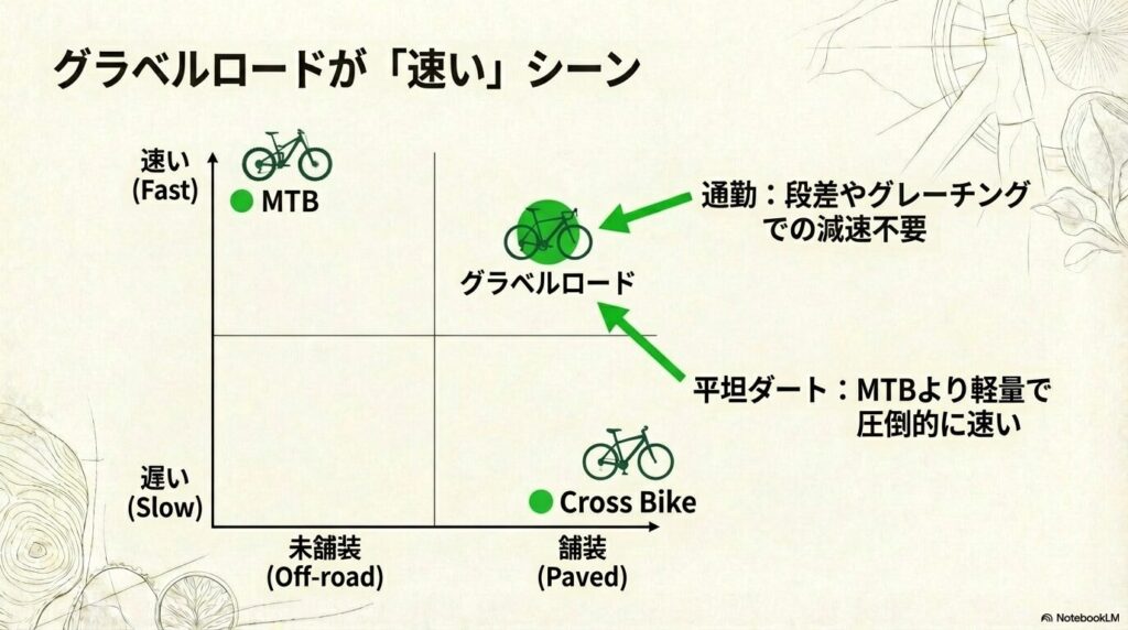 未舗装路ではMTBより速く、舗装路の段差がある通勤路ではクロスバイクより速いという、グラベルロードが活躍するシーンの比較マトリックス図