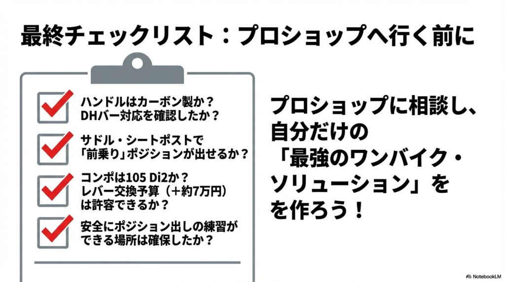 ハンドル素材、前乗りポジションの可否、105 Di2の予算、練習場所の確保など、プロショップに行く前に確認すべき5つの項目。