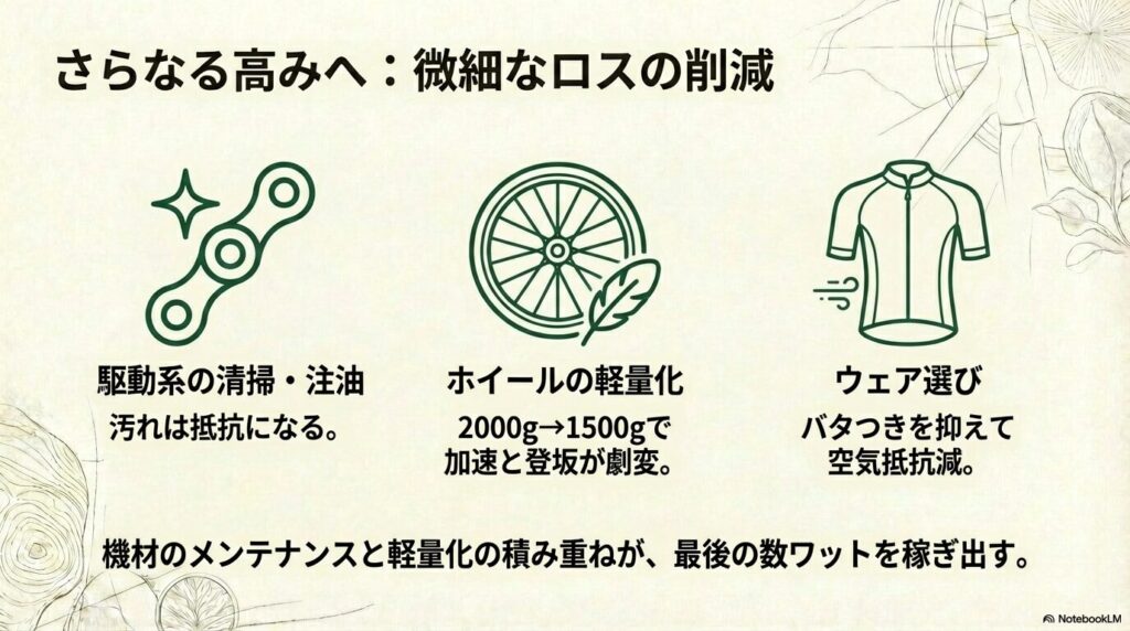 駆動系の注油、ホイールの軽量化（$2000g \rightarrow 1500g$）、バタつかないウェア選びなど、機材メンテナンスによる細かな抵抗削減のポイント