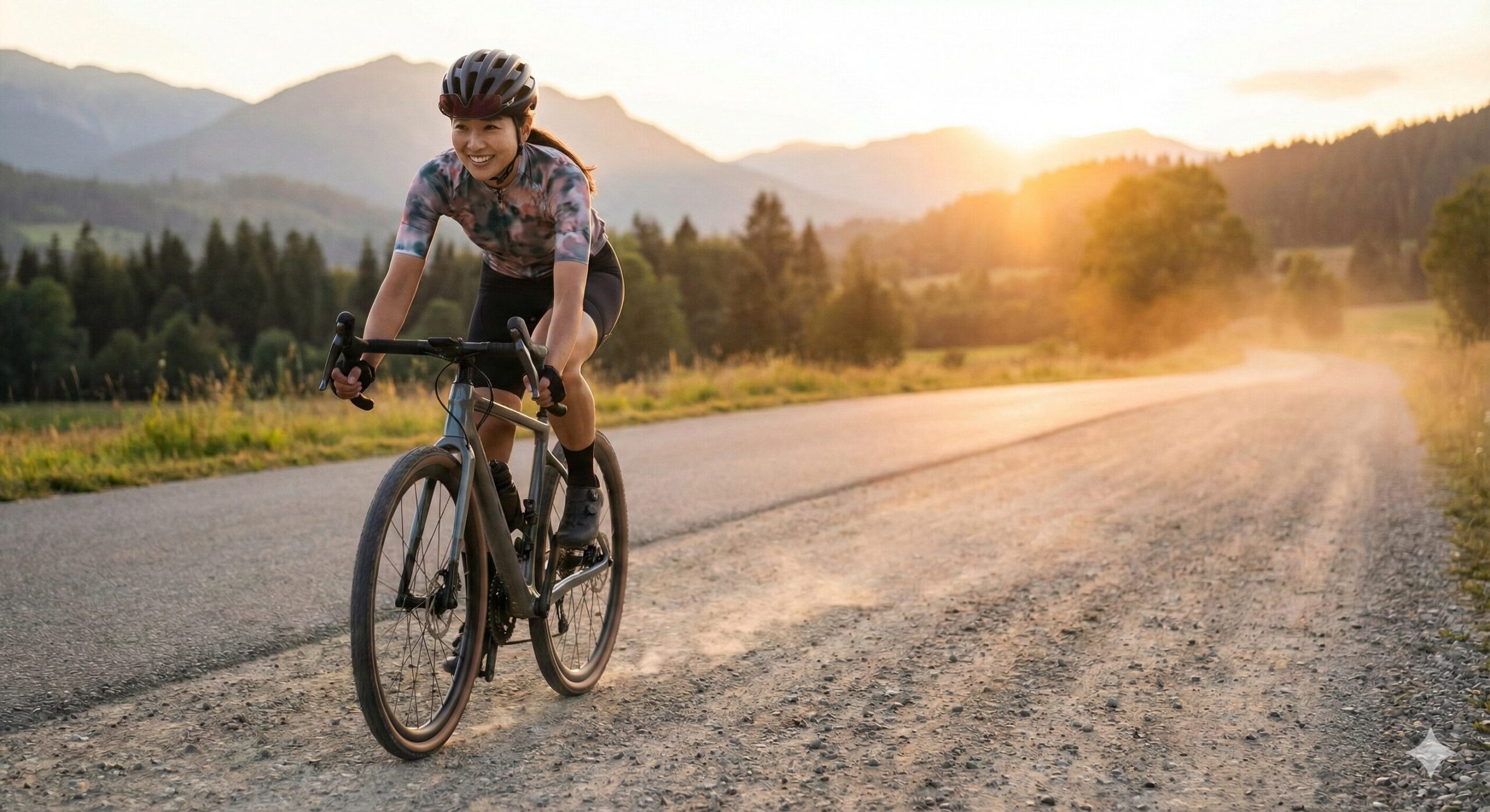 夕暮れ時の舗装路から隣接するグラベル（砂利道）へ、笑顔で軽快にグラベルロードバイクを走らせる美しい日本人女性。スピードと自由なサイクリングを象徴するシーン。