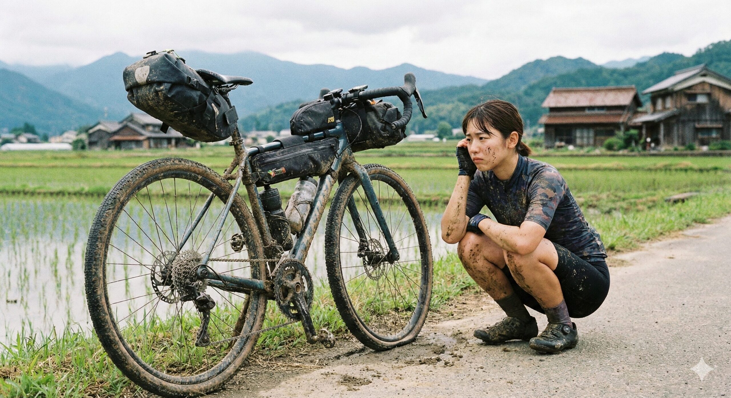 日本の田園地帯にある砂利道で、泥だらけのグラベルロードバイクの横にしゃがみ込み、悩んだような表情で見つめている日本人女性アイドルの写真。