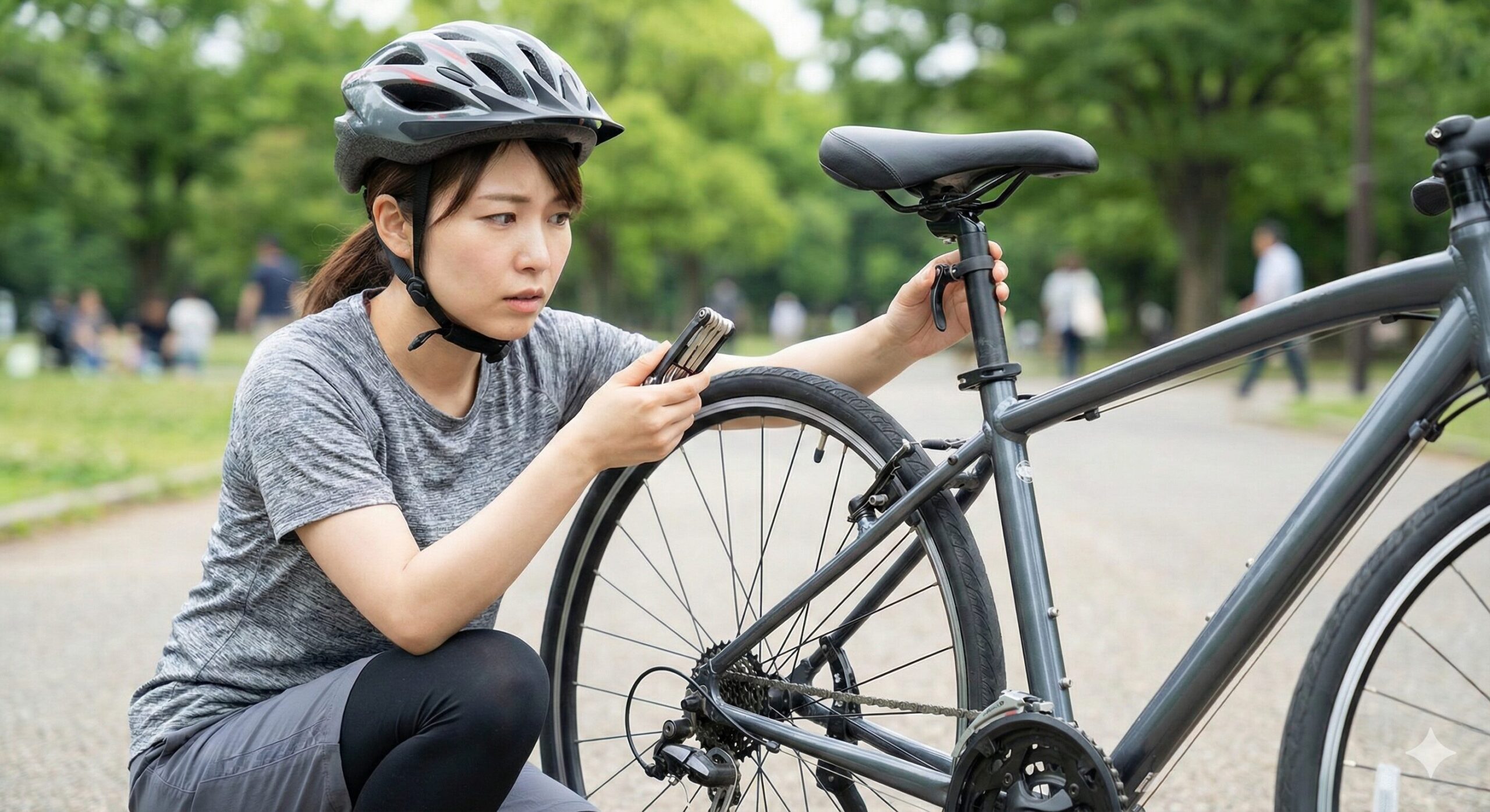 公園で、ヘルメットをかぶった女性が携帯工具を手に、動かなくなった自転車のサドルレバーを困った表情で見つめている様子。