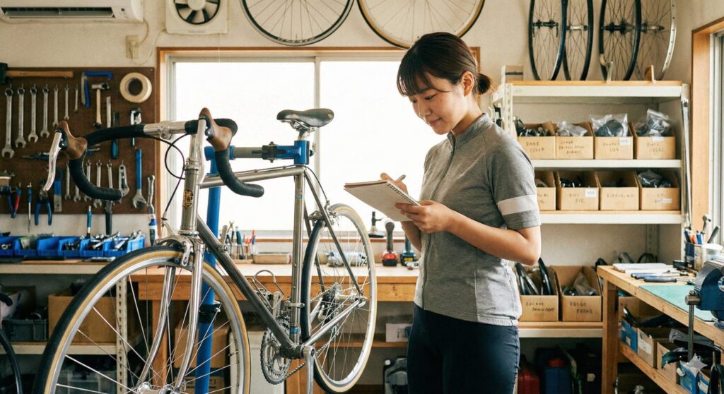 整備された工房で、クラシックなリムブレーキのロードバイクの横に立ち、メンテナンス計画のノートを見ながら思案する若い日本人女性。愛車を10年乗り続けるための戦略と維持管理を象徴するシーン。