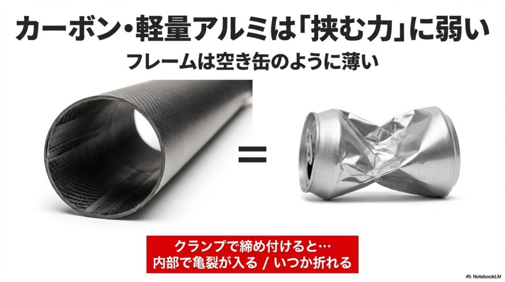 カーボンパイプの断面と潰れたアルミ缶の比較画像。フレームが「挟む力」に弱く、亀裂が入るリスクを図解。