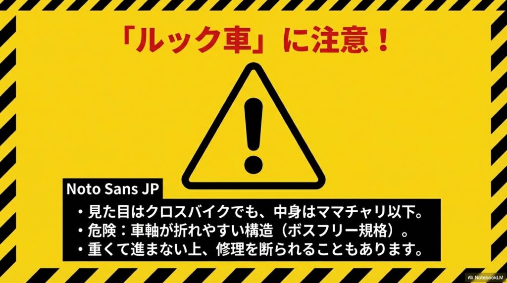 黄色の警戒標識。見た目はクロスバイクでも中身がママチャリ以下の「ルック車」への注意喚起。車軸が折れやすく修理を断られるリスクに言及。