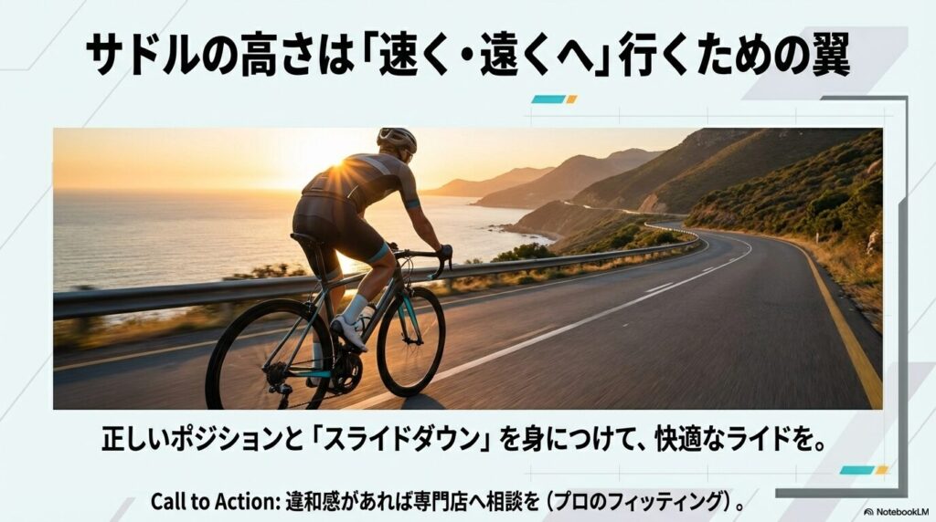 海岸線を走るロードバイクのライダーと「サドルの高さは速く・遠くへ行くための翼」というメッセージ
