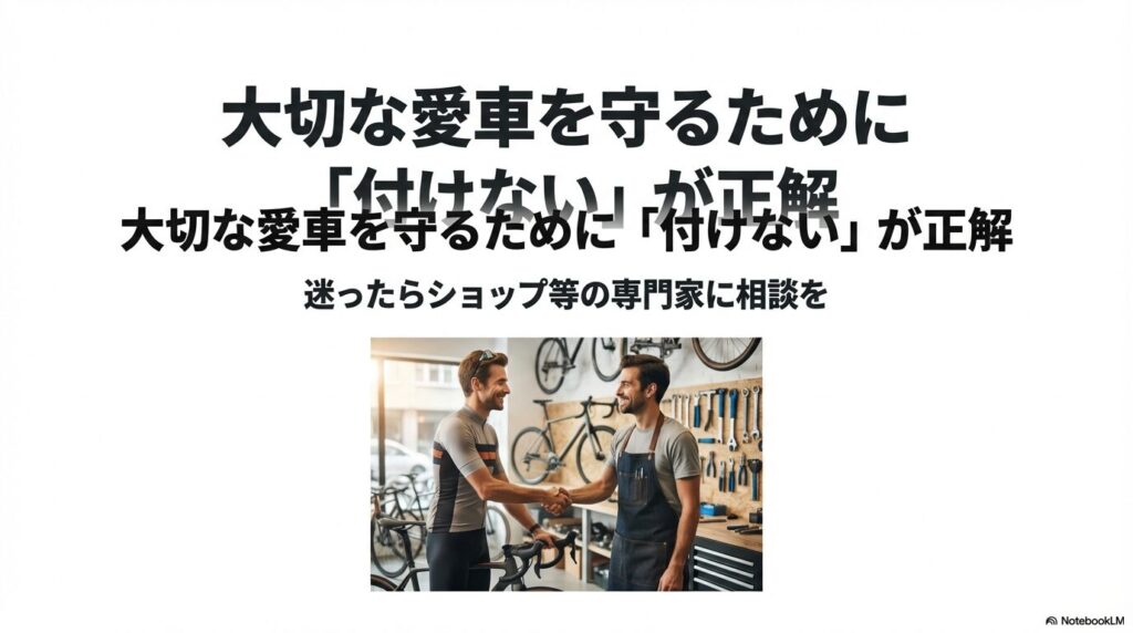 バイクショップで店員と握手をするサイクリスト。専門家への相談を促すイメージカット。