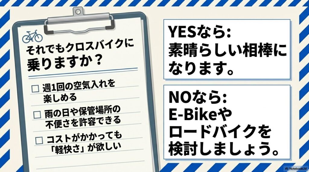 クロスバイクへの最終確認。不便さやコストを許容できるなら「素晴らしい相棒」になり、そうでなければE-Bikeやロードバイクを検討すべきというYes/No判定。