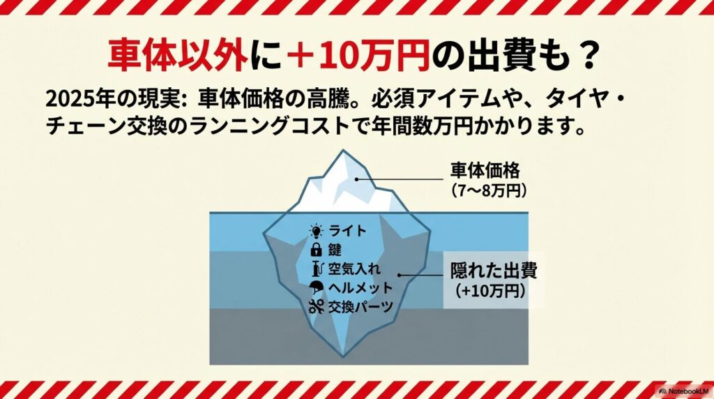 氷山のイラスト。海面上には車体価格（7〜8万円）があり、海面下にはライト、鍵、空気入れ、ヘルメットなどの隠れた出費（＋10万円）が描かれている。