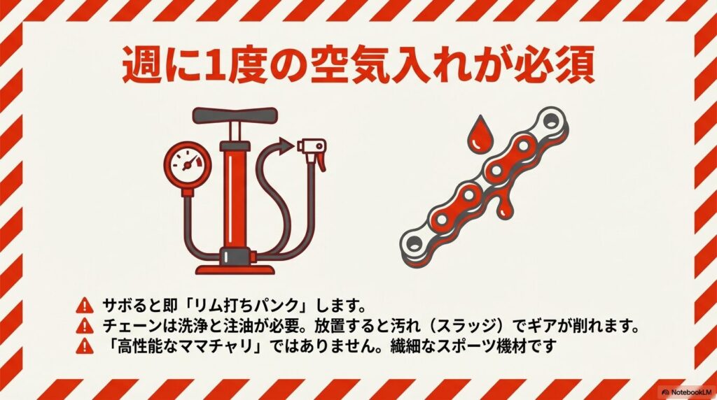 赤い空気入れと注油が必要なチェーンのイラスト。週1回の空気入れと、チェーンの洗浄・注油が「繊細なスポーツ機材」として必須であることを強調している。