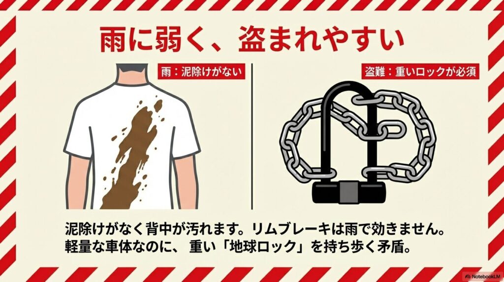 泥跳ねで汚れた背中の人物と、頑丈なU字ロックのイラスト。泥除けがない不便さと、盗難対策で重いロックが必要になる矛盾を説明している。