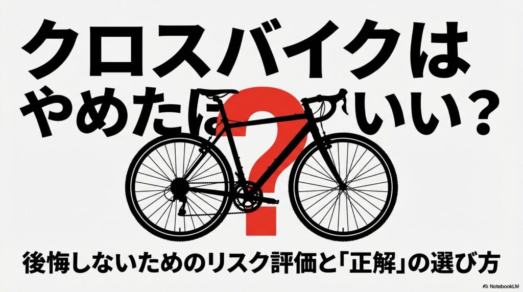 自転車のホイールのイラスト。タイトル「クロスバイクはやめたほうがいい？後悔しないためのリスク評価と正解の選び方」が中央に配置されている。