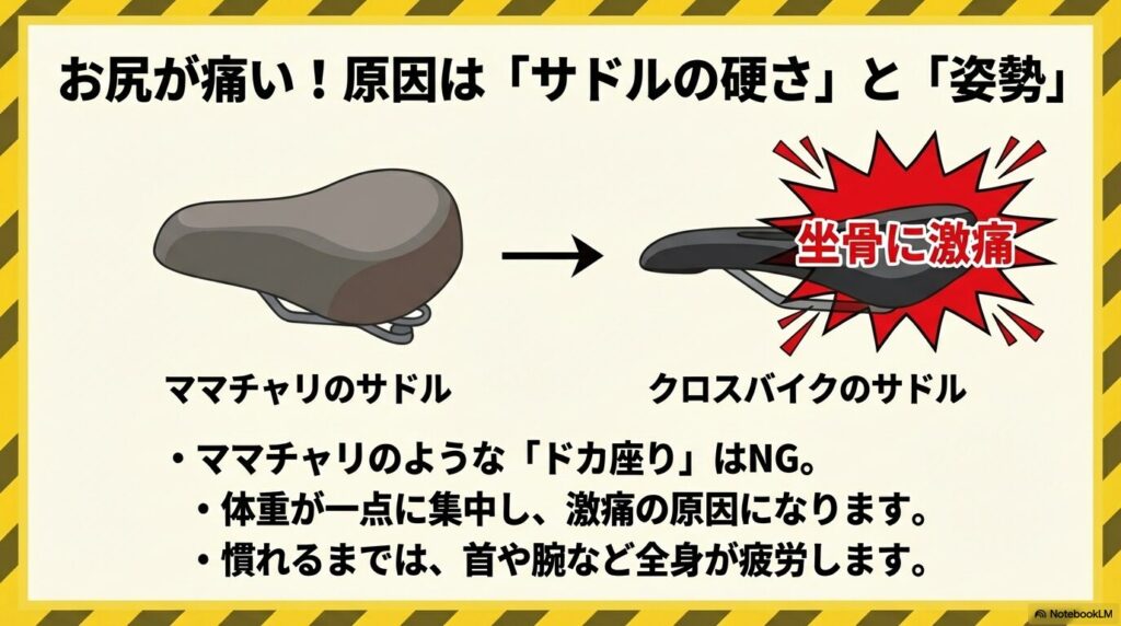 ママチャリの幅広サドルと、クロスバイクの細いサドルの比較図。クロスバイク側には「坐骨に激痛」という文字と、ドカ座りが痛みの原因である旨が記されている。