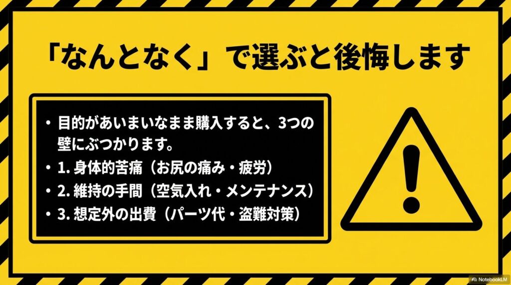 黄色の警戒標識アイコン。「なんとなく」で選ぶと後悔することを警告し、身体的苦痛、維持の手間、想定外の出費という3つの壁を挙げている。