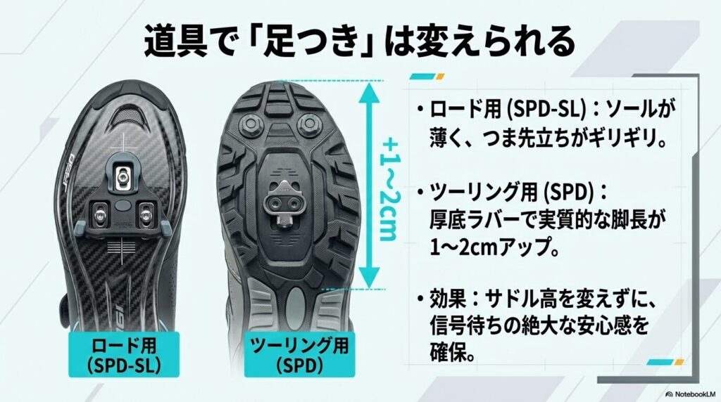 薄いロード用(SPD-SL)と厚底のツーリング用(SPD)の比較。実質1〜2cmの底上げで安心感がアップする説明