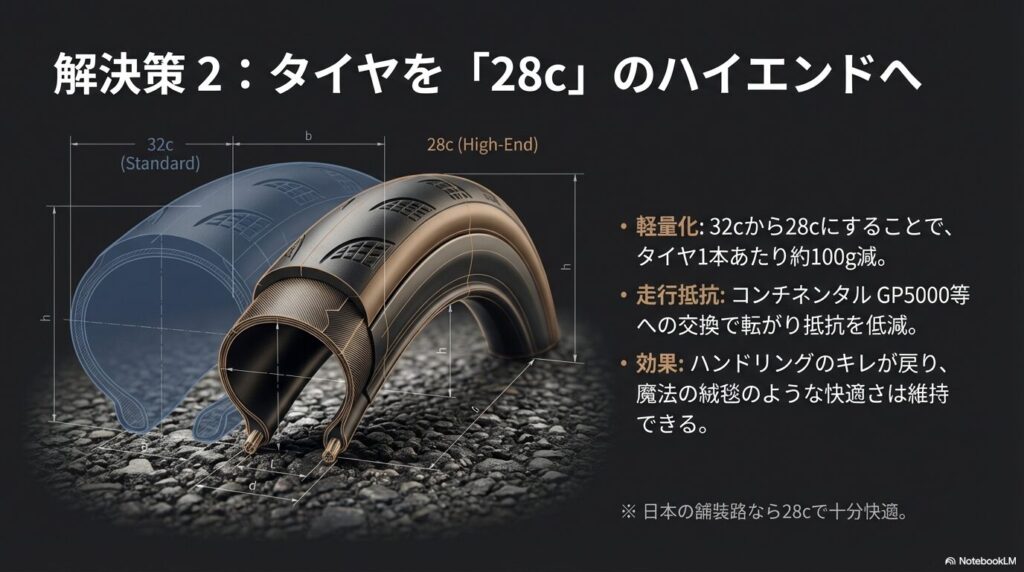 タイヤをハイエンドの28cに変更することで、1本あたり約100gの軽量化と転がり抵抗の低減、ハンドリングの向上を実現する仕組み。