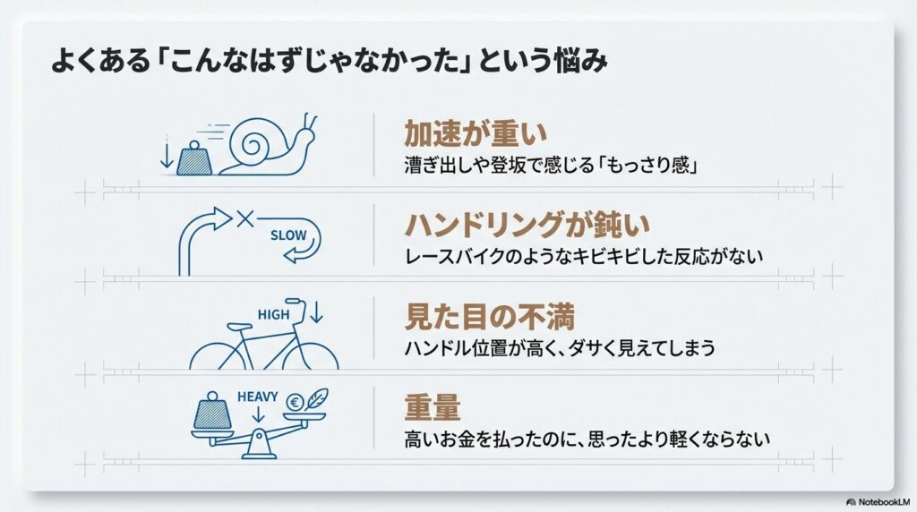 加速の重さ、ハンドリングの鈍さ、見た目の不満（ハンドル位置が高い）、重量など、エンデュランスロード購入者が抱きやすい不満のまとめ。