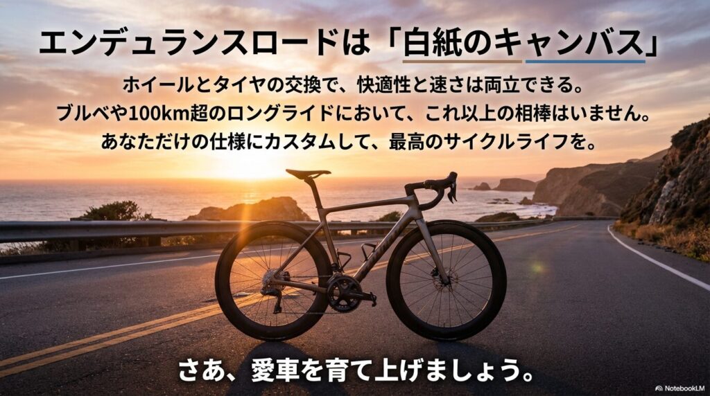 エンデュランスロードはカスタム次第で快適性と速さを両立できる「白紙のキャンバス」であるというまとめメッセージ。