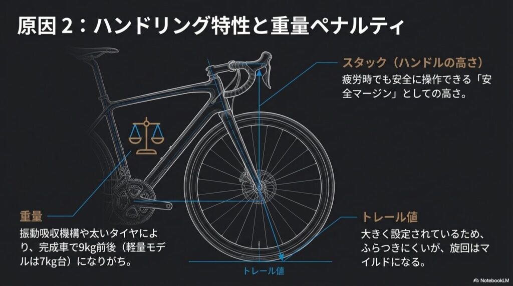 ハンドル位置（スタック）の高さ、直進安定性を生むトレール値、振動吸収機構による重量増加など、エンデュランスロードの設計特性の解説図。