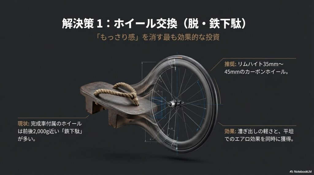 完成車付属の重いホイールを35mm〜45mmのカーボンホイールに交換することで、漕ぎ出しの軽さとエアロ効果を得る解決策の図解。