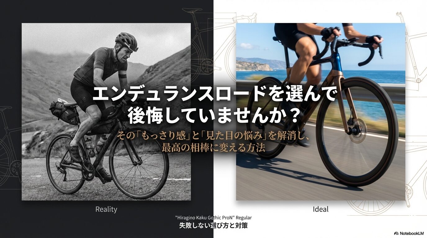 エンデュランスロードの「もっさり感」と「見た目の悩み」を解消し、最高の相棒に変える方法を解説するスライドの表紙。