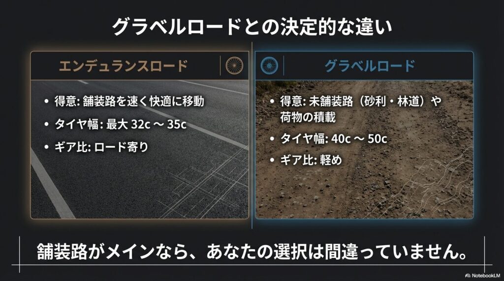 得意分野、タイヤ幅（最大32c〜35c対40c〜50c）、ギア比など、エンデュランスロードとグラベルロードの決定的な違いを比較した表。
