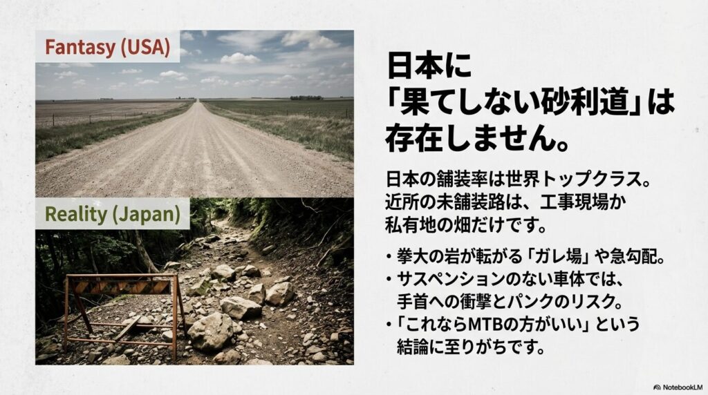 海外の広大な砂利道（ファンタジー）と、岩が転がる日本の厳しい林道（現実）の対比画像