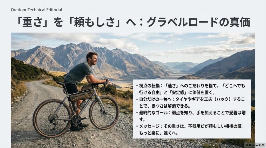 速さだけでなく自由と安定感に価値を置く、グラベルロードとの理想的な付き合い方をまとめたメッセージスライド。