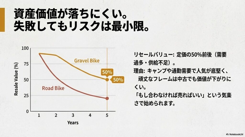 ロードバイクと比較して、グラベルロードがいかに中古市場で価値が落ちにくいかを示す5年間の残価率グラフ