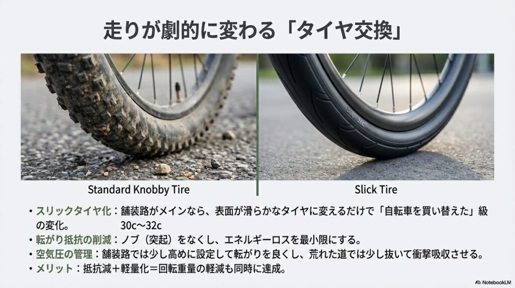 ノブのある標準タイヤと滑らかなスリックタイヤを比較し、舗装路での転がり抵抗削減と軽量化の効果を示す画像。