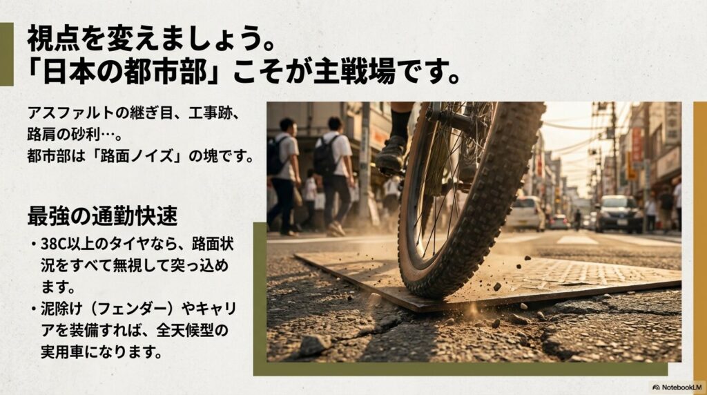 都市部の工事跡や段差を太いタイヤで走破するグラベルロードのイメージ