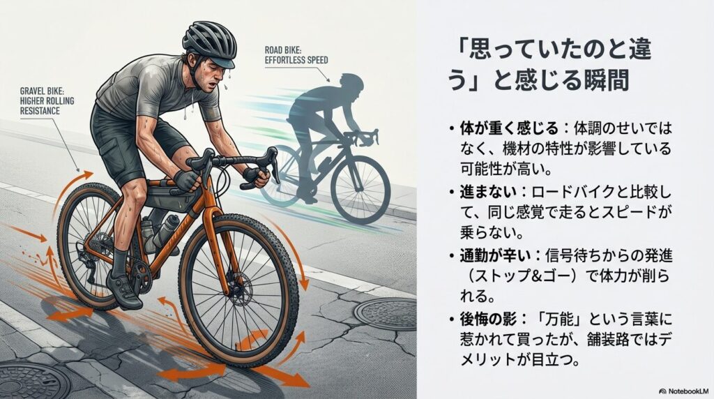 ロードバイクが軽快に進むのに対し、グラベルロードが転がり抵抗により重く感じる様子を比較したイラスト。