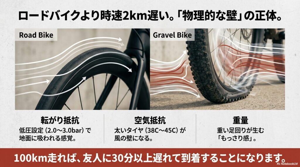 ロードバイクに対し、グラベルロードが時速2km遅くなる理由（転がり抵抗・空気抵抗・重量）を解説した比較図