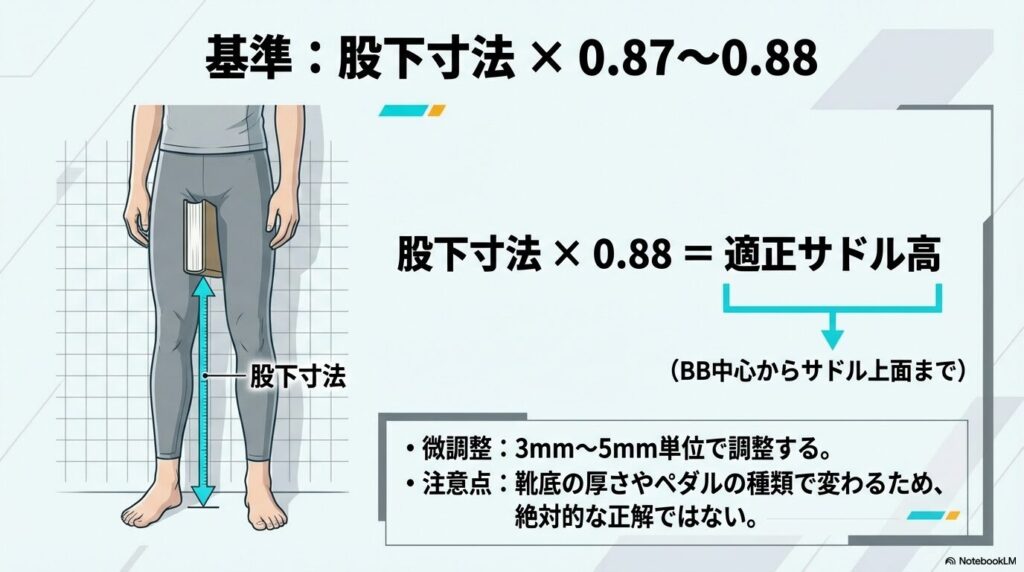 厚めの本を股に挟んで股下を測る方法と、計算式「股下寸法 $\times0.88$」で適正値を出す手順
