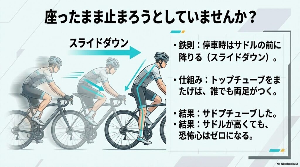 停車時にサドルの前に降りてトップチューブを跨ぐことで、サドルが高くても両足を着くテクニックの解説
