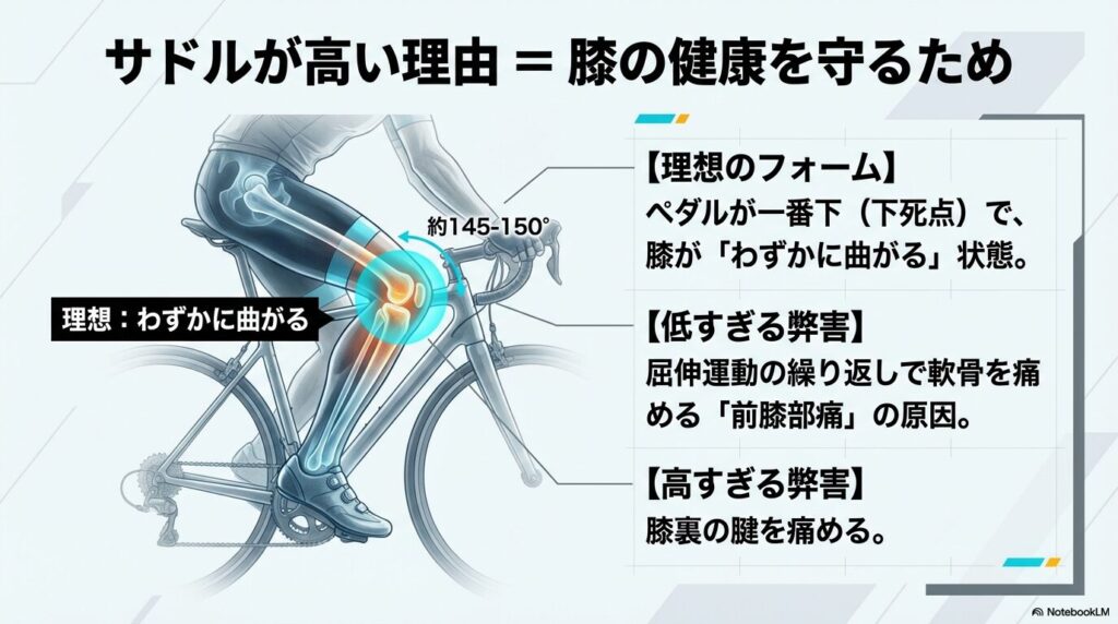 ペダルが一番下で膝がわずかに曲がる理想のフォームと、低すぎ・高すぎによる関節トラブルの解説