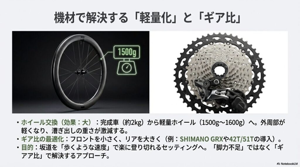 1500g台の軽量ホイールと、坂道を楽にするためのワイドなギア比設定のメリットを解説するイメージ。